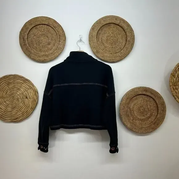 Something Navy Blue Flower Floral Embroidered Quarter Snap Button Sweatshirt XS